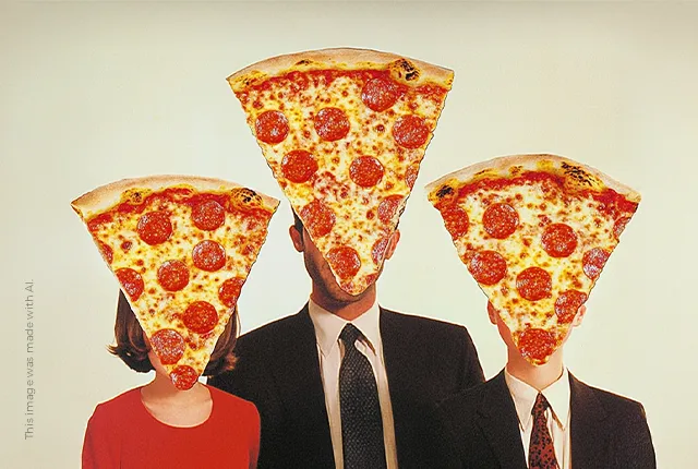 Drei Personen die statt einem Kopf ein Stück Salami Pizza haben