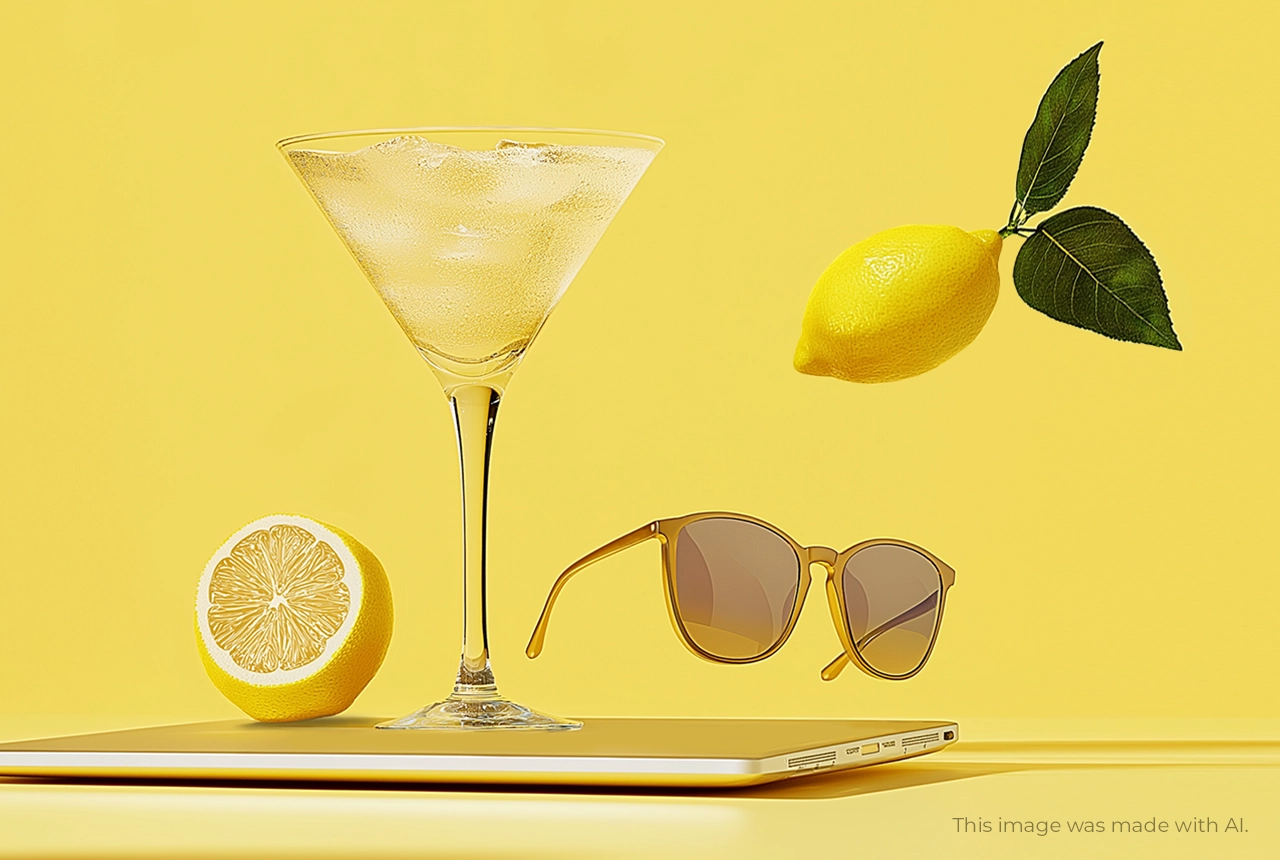 Ein Cocktailglas, eine Sonnenbrille, ein Laptop und zwei Zitronen vor gelbem Hintergrund
