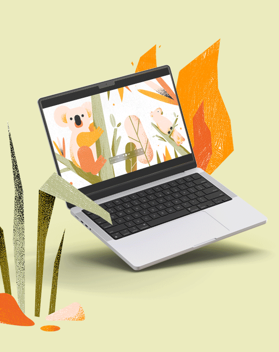 Ein Laptop vor grünem Hintergrund zeigt eine Illustration eines Koalas und eines Kakadus im Wald