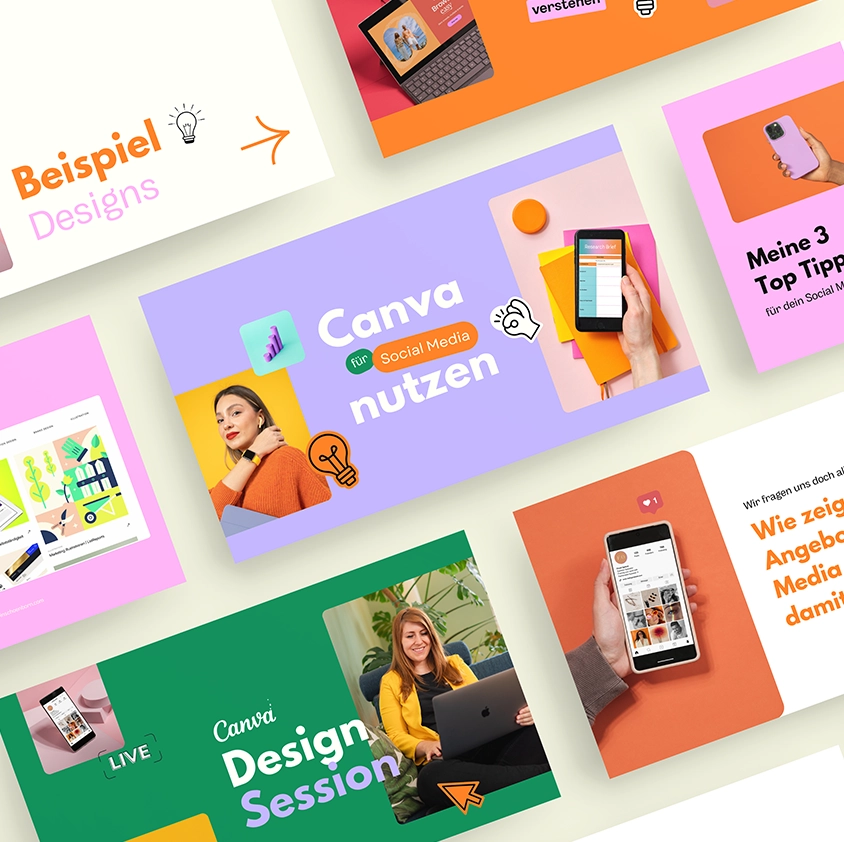 Farbenfrohe Seiten aus einer Präsentation über Design und Social Media