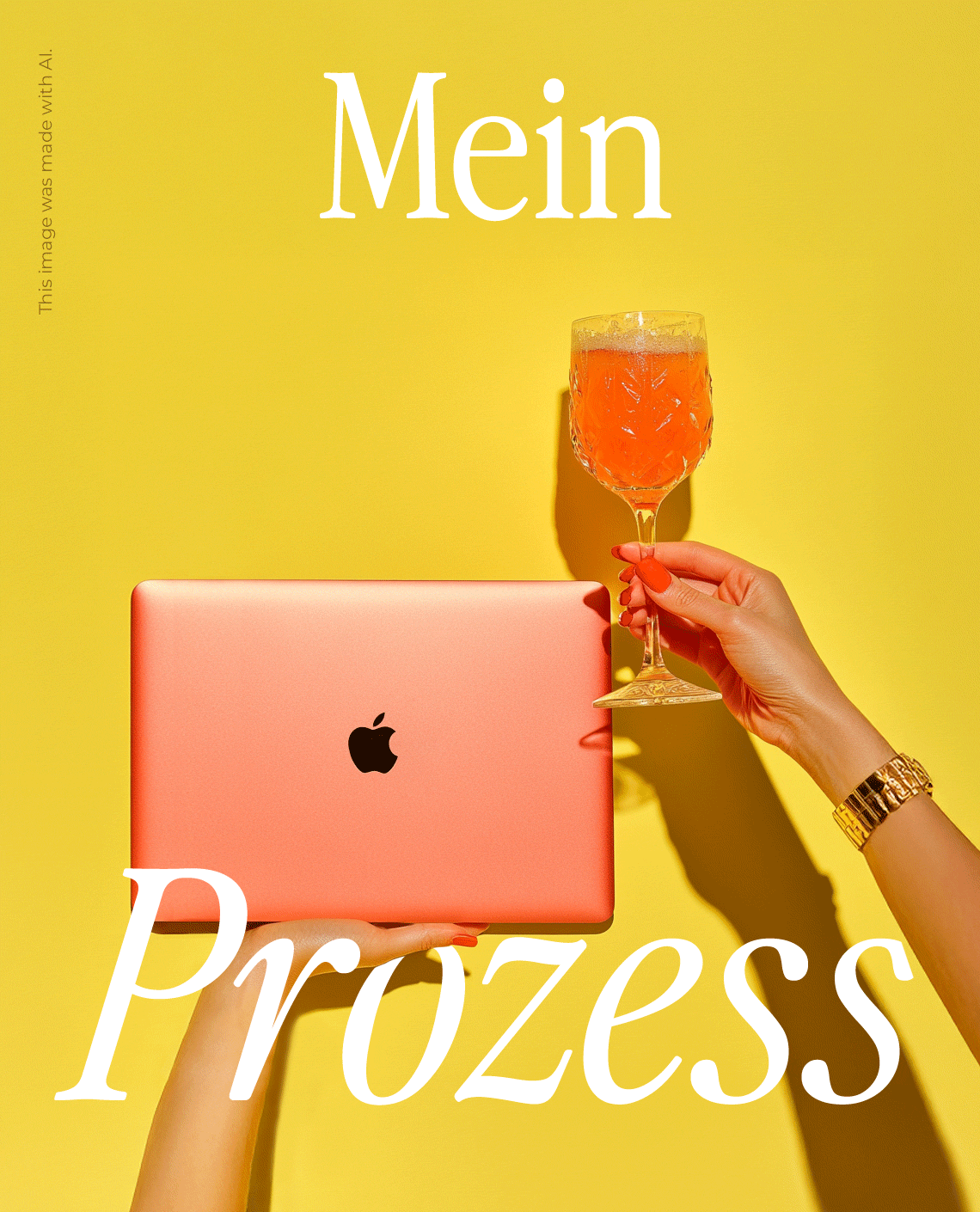 Eine weibliche Hand hält einen Laptop und ein Cocktailglas vor einem gelben Hintergrund