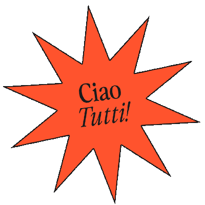 Animiertes GIF eines orangeroten Sterns mit dem Text Ciao, Tutti