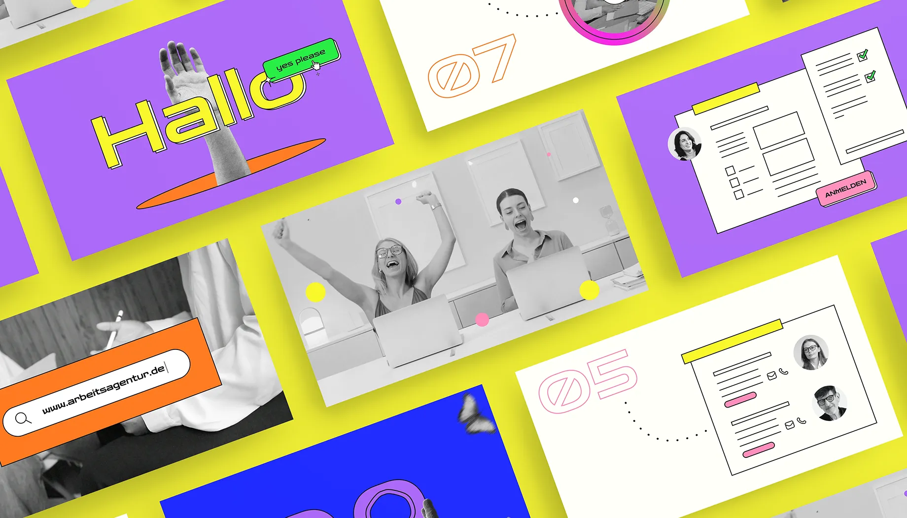 Verschiedene Szenen aus einem farbenfrohen Erklärvideo zur Selbstständigkeit