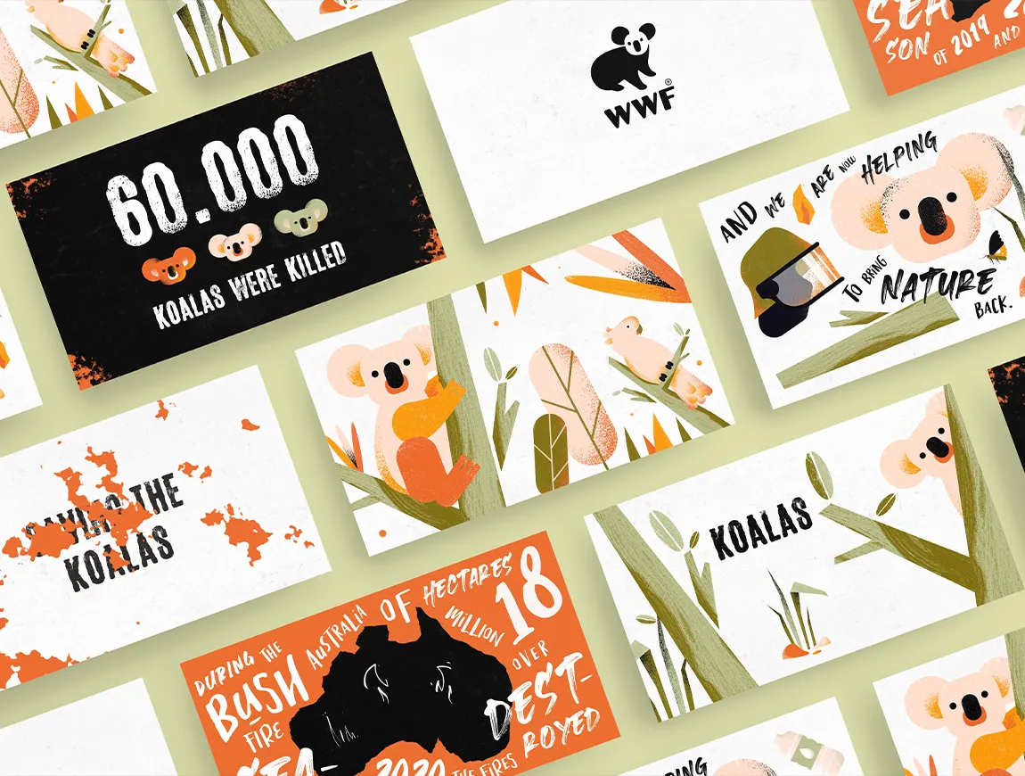 Verschiedene Szenen aus einem illustrierten Erklärvideo über Koalas und Buschbrände in Australien