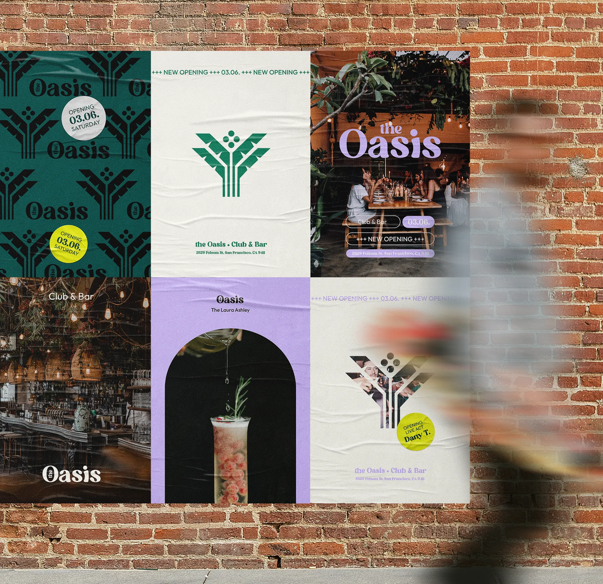 Eine gemauerte Wand an deren verschiedene Poster mit dem Brand Design für eine Bar hängen